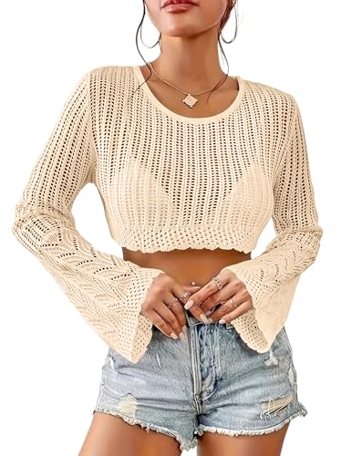 Women Crochet Sweater Lightweight Cropped Summer Tops Long Sleeve Hollow Out Knit Cover Up