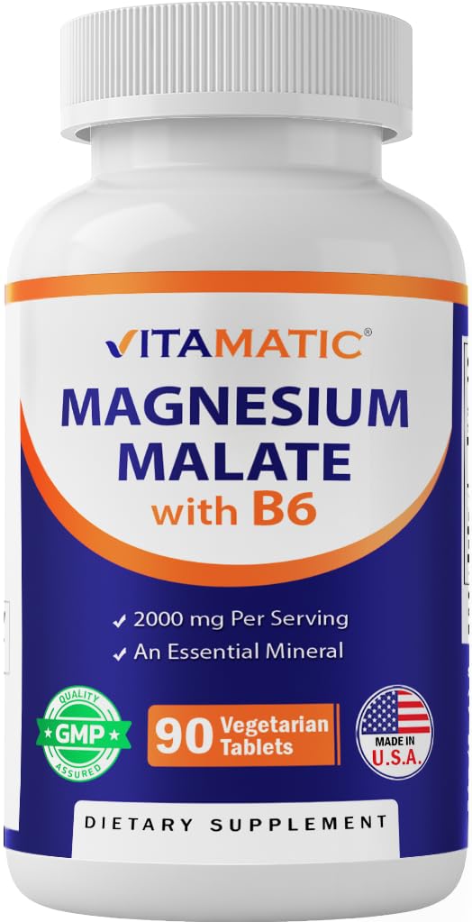 Vitamatic Magnesium Malate 2000mg per Serving - 90 Vegetarian Tablets - Added B6 for Maximum Absorption - Supports Muscle, Joint, and Heart Health* (1 Bottle, Unflavored)