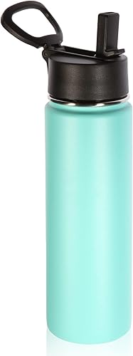 Volhoply Botellas térmicas de agua de 22 onzas (650 ml) con tapa con pajita, botella deportiva de acero inoxidable con asa, termos de viaje de metal