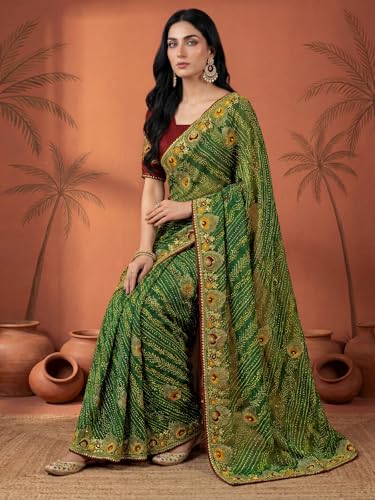 Image of SIRIL Women's Bandhani Printed Embroidery Georgette Saree with Unstitched Blouse Piece