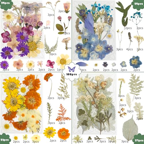 Image of 204 Pcs Dried Pressed Flowers for Resin Crafts, Real Natural Pressed Flowers and Leaves Kit Butterfly Stickers Vacuum Sealed Dry Flowers for DIY Epoxy Resin Jewelry Molds, Candle Soap Making, Nail Art