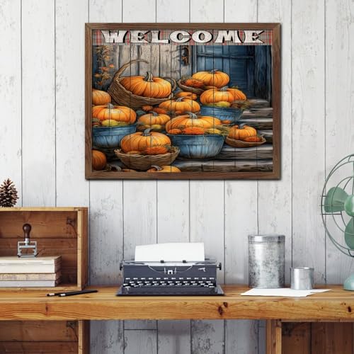 Décoration murale citrouilles Welcome Country cadre bois 40x50 cm