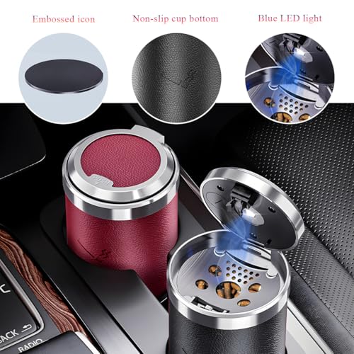 Image of Wevdn Car Ashtray with Lid, Detachable & Portable Stainless Steel Smokeless Ashtrays for Car, Mini Universal Smell Proof Windproof Car Ashtray with LED Blue Light, Car Accessories (Black)