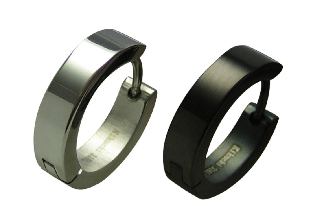 Kikuchi ER15160 Oorbellen voor heren, inklapbaar, zilver zwart mat roestvrij staal, 5 mm/13 mm recht