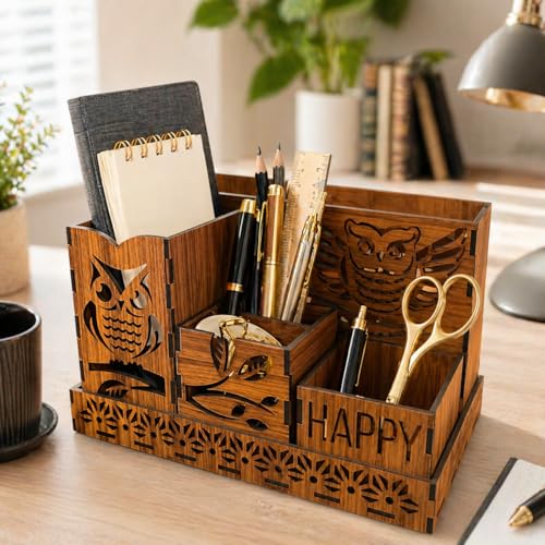 Image of Zesta Wooden Desk Organizer Pen Stand Remote Holder Card Slot | Table Accessory Office Desk Study Room | Pencil Storage Stand Stylish Workspace Decor (Multi Organiser)