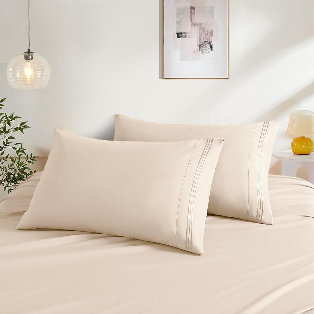 Photo 1 of 2 Pack Standard Pillow Cases Khaki Pillow Covers Microfiber Pillowcases 20"X 26" Standard Size Soft Breathable Luxury Pillow Covers Embroidered Envelope Closure Bed Pillow Shams