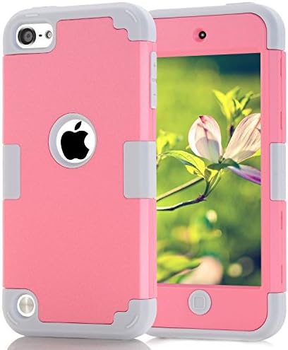 Case for iPod Touch 5 Case for iPod Touch 6 Case, Dual Layered Hard PC Case + Silicone Shockproof Heavy Duty High Impact Armor Hard Case Cover for Apple iPod Touch 5 6th Generation (Pink+Gray)