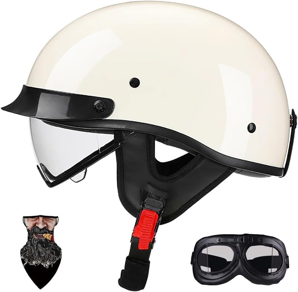 DOT-Approved Motorcycle Half Helmet with ABS Shell, EPS Liner, Quick-Release Buckle, Retractable Visor & Removable Sun Shield for Cruiser Scooter Adults