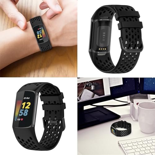Image of Bands Compatible with Fitbit Charge 5, Air Holes Design Silicone Sport Band Strap for Fitbit Charge 6 / Charge 5 with TPU Clear Screen Protector Case
