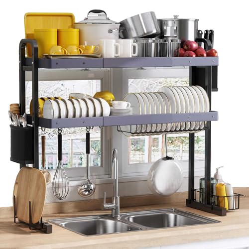 Genérico Organizador de encimera de Cocina con escurridor y escurridor. Escurridor de Platos, 2 Niveles, Acero Inoxidable, escurridor de Platos sobre el Fregadero con escurridor de Cocina Ajustable,