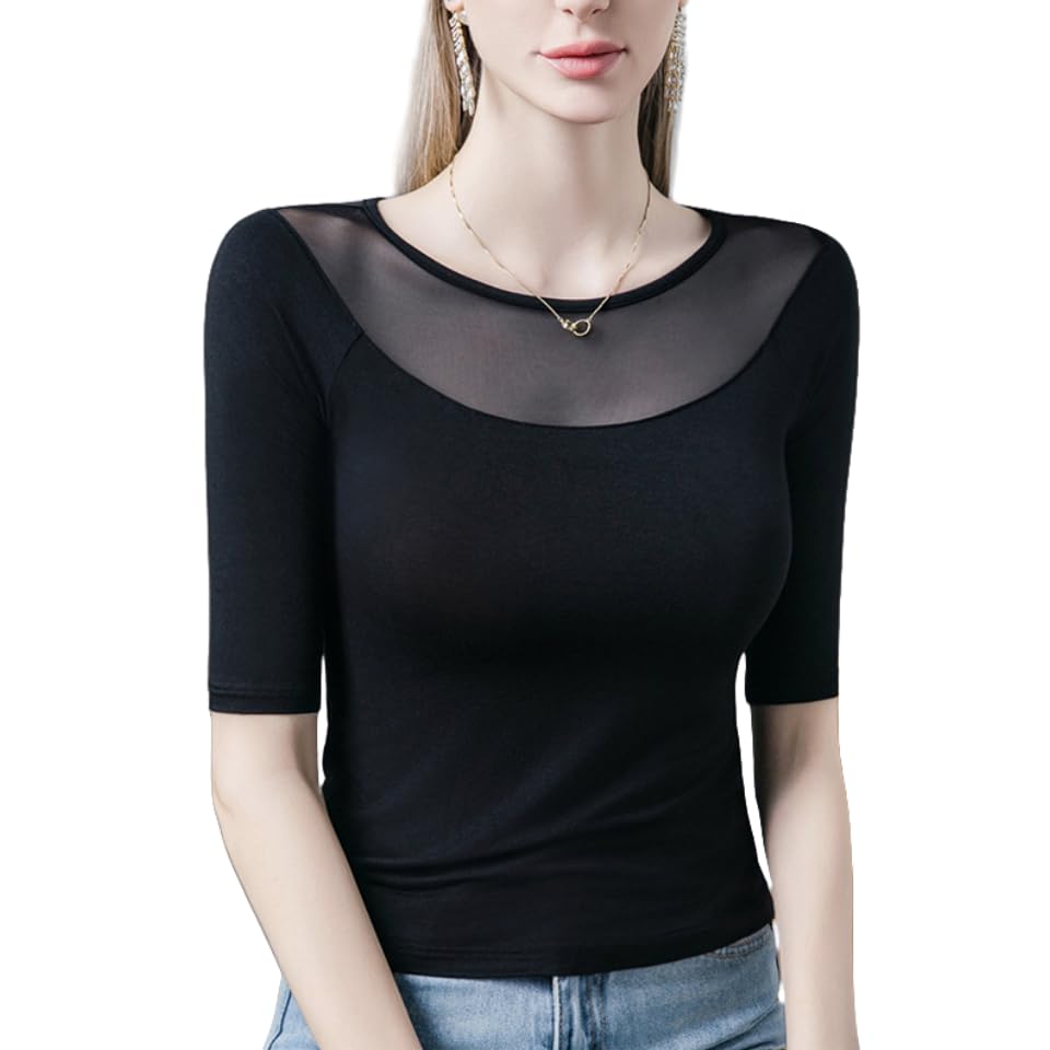 トップス SLIGHT VOGUE Sheer Long Sleeve T-shirt MANGOPOP Womens Long Sleeve Mesh Sheer Tops Sexy Mock Neck