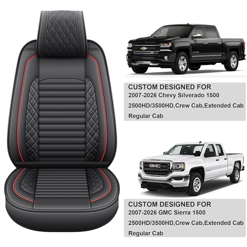 Image of JOJOBAY Chevy Silverado Seat Covers,GMC Sierra Seat Covers,Custom Fit 2007-2026 1500 2500HD 3500HD Crew Double Extended Regular Cab,LT LZT RST Trail Boss(Front Pair,Black Red)