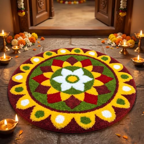 Image of VAS COLLECTIONS Decorative Round Rangoli Mat, Traditional Floral Rangoli Floor Decoration for Pooja Room, Festive Home Decor, Decorative Mat for Entrance, Living Room & Temple, 23 Inches - Moss Green