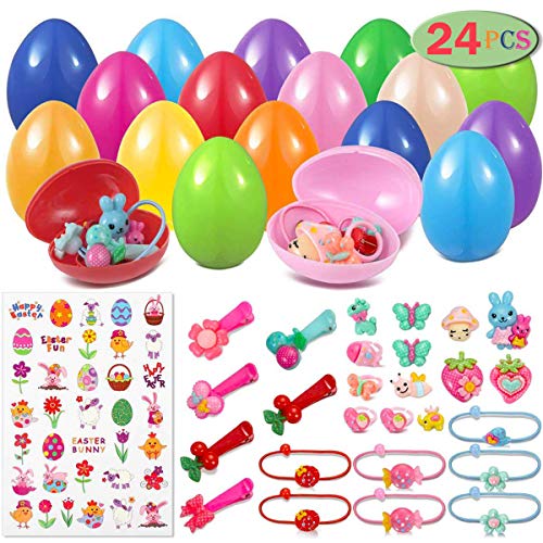 Unomor 24 Pre-Filled Easter Eggs with 24 Different Designs of Hair Clips, Hair Ties, Rings & 36 Easter Stickers Girls Dressing Accessories Easter Basket Stuffers for Girls - 2.3 Inch