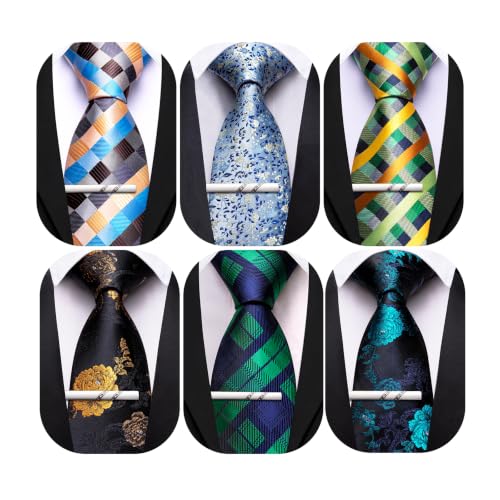 Image of Barry.Wang Mens 6 PCS Ties Silk Striped Paisley Check Floral Necktie Silky Woven Wedding Business Party Ties 3.34 inch