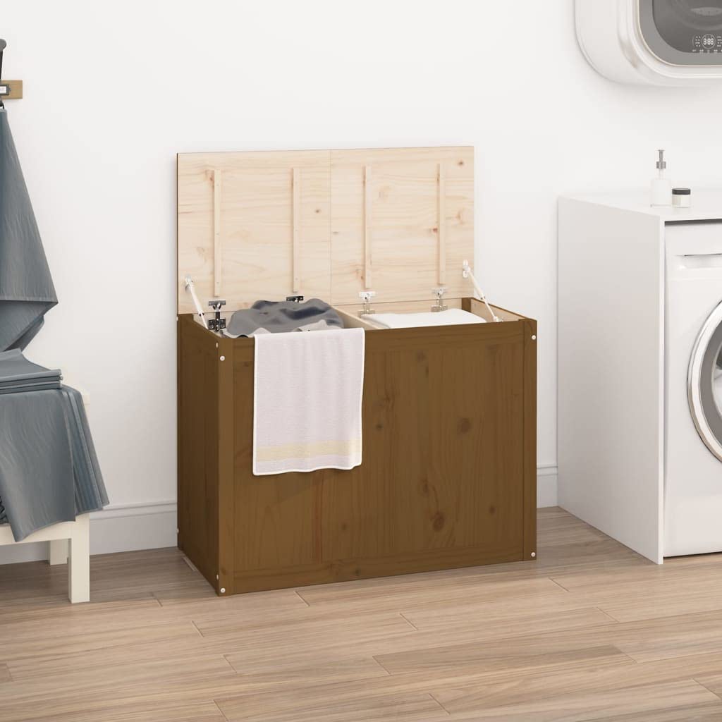 Mangloder Wäschetruhe aus massivem Kiefernholz in Honigbraun, 88,5 x 44 x 66 cm, 2 Fächer, Deckel mit Gasdruckfeder für Badezimmer, Schlafzimmer und Waschküche, Ordnung für Schmutzwäsche und Kleidung