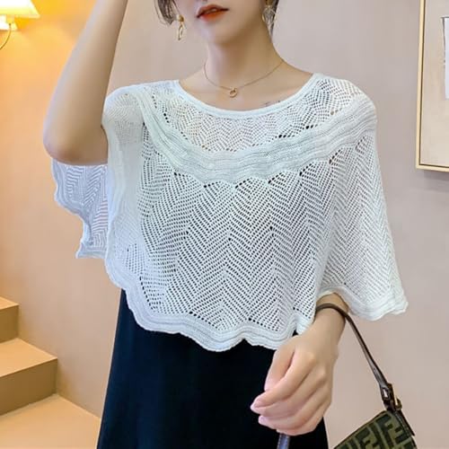 Image of Knitted Shrug for Women, Hollow-Out Cover Up, White | Lightweight Cotton Blend With Scoop Neck And 20-Inch Length For Dresses, Camisoles And Tops For Casual
