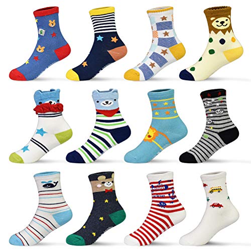 Toddler Socks SkiBeaut 12 Pairs Non Slip Skid Socks For Kids Baby Girls Boys Grips Cotton Crew Socks For 3-5 Years Old