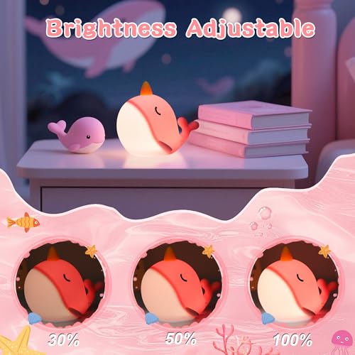 Image of Narwhal Night Light for Kids, Whale Nursery Lamp Animal Silicone Nightlight with Dimmable & 30 Mins Timer, Pefrect Gifts for Girl Women Friend Birthday Holiday Bedroom Bedside Table Decoration