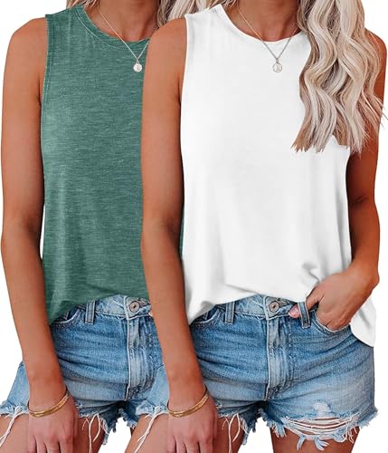 KKJ 2 Pack Womens Tank Tops Workout Tees Summer Clothes Fashion Outfits Crew Neck Sleeveless Loose Fit Fall Casual Shirts