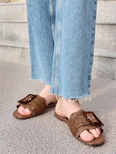 Image of Coutgo Womens Flat Sandals Raffia Slip On Slide Sandal Square Open Toe Buckle Summer Beach Shoes Flats