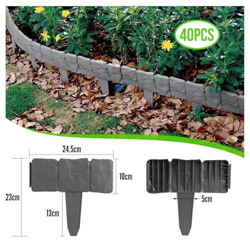 EXLECO 40 Pcs Rasenkante Kunstoff Grau 10 Meter Beeteinfassung Steinoptik Palisade Zaun Stone Rasenkantensteine Beetumrandung Stein Effect Garten Randsteine Pflanze Bordüre für Rasen Blumenbeet
