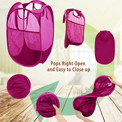 Image of HOUSE AGAIN Strong Mesh Pop Up Laundry Hamper, 70L Collapsible Laundry Basket with Steel Frame, Double‑Stitched Handles & Side Pocket, Foldable Dirty Clothes Hamper for Dorm, Bedroom, Pink