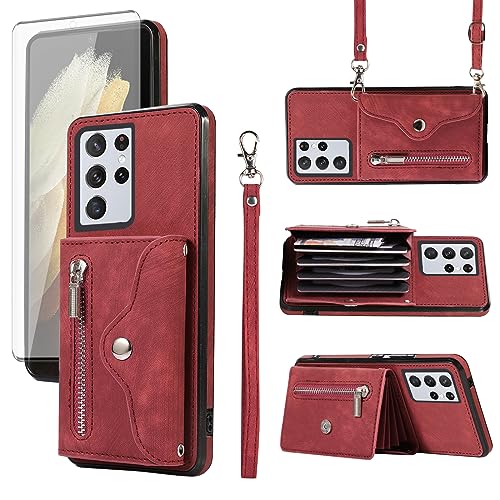 Accessoires S21ultra coque cuir rouge avec porte-carte et support pour femmes hommes