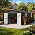 MNLR 12x18 FT Outdoor Storage Shed, Large Metal Garden Shed with 2 Windows, Lockable Double Doors & Updated Frame Structure, Waterproof Tool Shed for Backyard Garden Patio Lawn, Black
