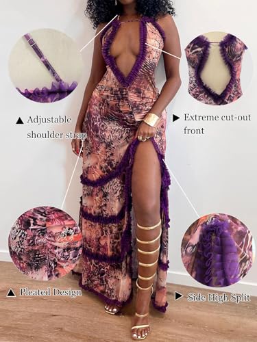 Image of Women's Purple Sleeveless Mesh Dress Sexy Deep V Dress High Slit Maxi Mesh Club Party Dresses