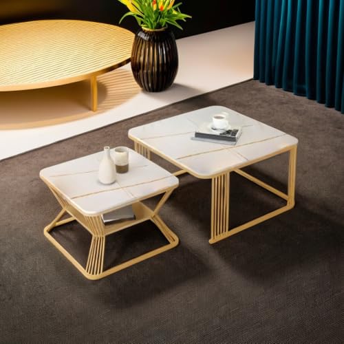 Image of Stacking Tea Tables in White and Gold with a Black Metal Frame and an Open Storage Shelf for a Modern Marble Look Coffee Table or Sofa Center Tables with Set of 2 (White Gold)