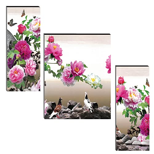 Image of Indianara Set of 3 Flowers MDF Art Painting (0143FL) without glass 4.5 X 12, 9 X 12, 4.5 X 12 INCH