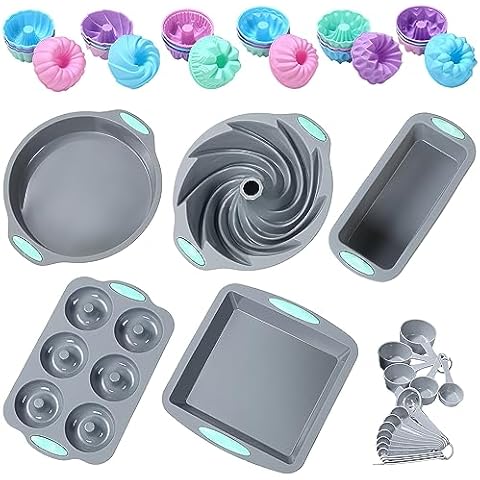 Tongjude 46 Piece Silicone Bakeware Set, Non-Stick Kitchen Oven Baking Pans, Silicone Cake Molds with Cake Pan, Chiffon Cake Pan, Donut Pan, Square Cake Pan and Loaf Pan Cover