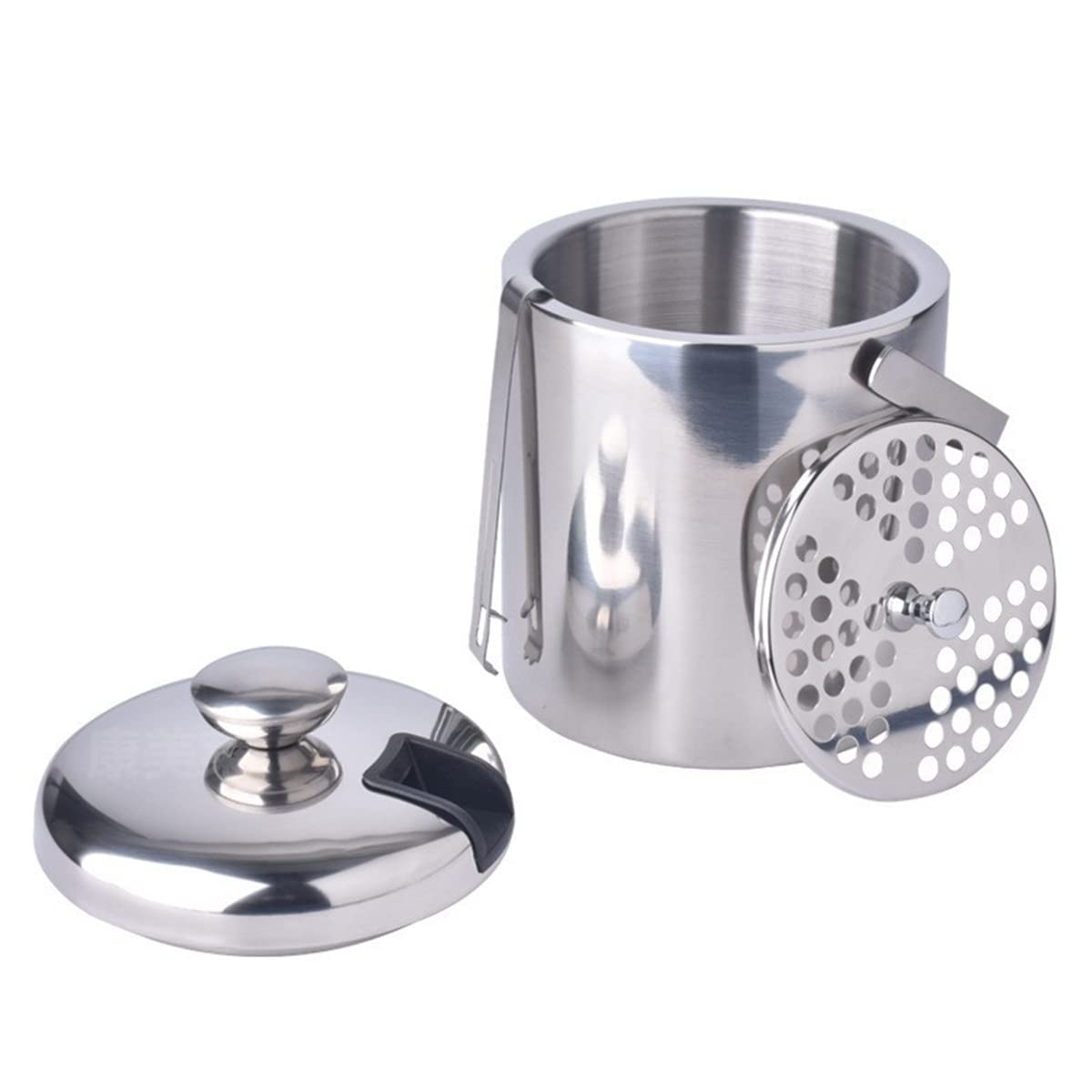 Eiskübel Edelstahl Eiswürfelbehälter isolierter Eisweinkühler tragbarer doppelwandiger Eisbehälterkorb mit Zange und Wasserfilter für Hausbar und Partys Silber 1,3 l 8,9 x 5,5 x 5,5 Zoll