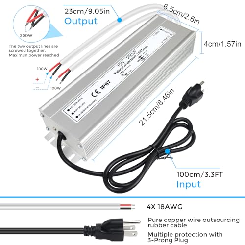 Image of LightingWill LED Driver 200 Watts Waterproof IP67 Power Supply Transformer, 90-130V AC to 12V DC Low Voltage Output, Adapter with 3-Prong Plug 3.3 Feet Cable for Outdoor Use, Computer Project