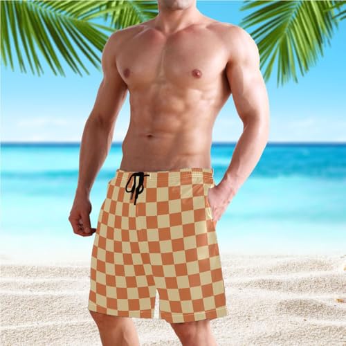 Men's Orange Checkerboard Swim Trunks Board Swimwear Beach Short with Pockets 203009654