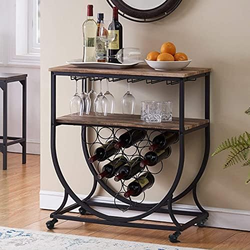 O&K FURNITURE Industrial Bar Cart on Wheels for Home, Wine Rack Cart with Glass Holder, Vintage Brown