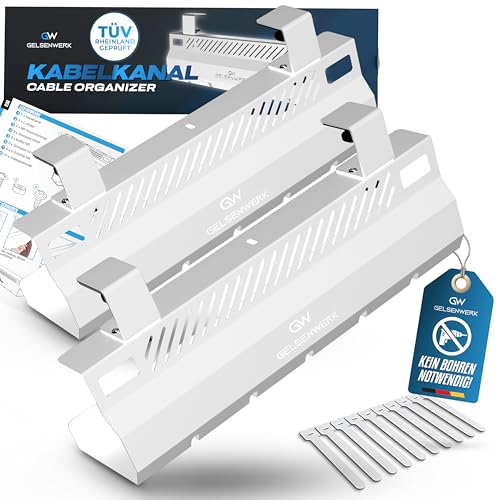 GELSENWERK Kabelkanal Schreibtisch Weiß 2er Set Kabelmanagement Schreibtisch für saubere Kabelführung Metall Kabelwanne ohne Bohren Kabel Organizer - 2 Montagearten