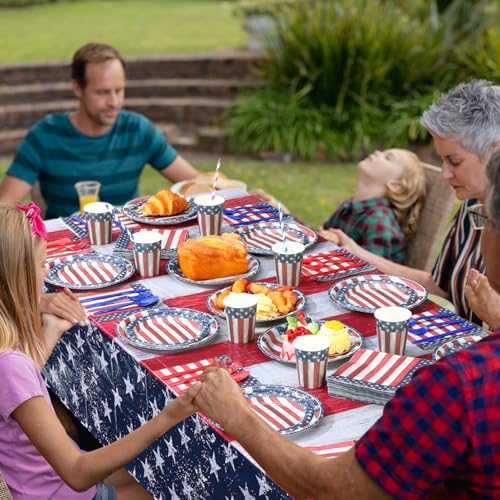 452 pcs veterans day party supplies for 50 guests american flag patriotic paper plates napkins cups tablecloth cutlery straw white red and blue tableware for veterans day party decoration
