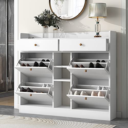 DESIGNER97 Modern Shoe Cabinet 4 Flip Drawers Multifunctional 2-Tier Shoe Storage Organizer with Drawers Free Standing Shoe Rack for Entrance Hallway, White