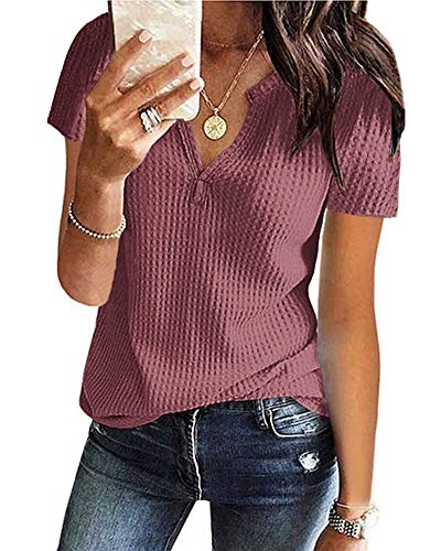 AUSELILY Women's Summer Waffle Knit Short Sleeve Tunic Tops V Neck Henley Loose Blouses Shirts(Mauve,L)