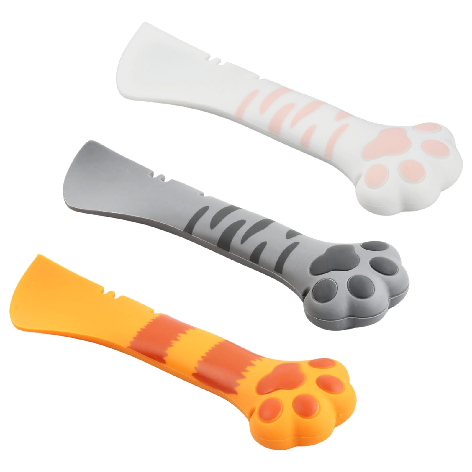 Merzio Pink/Orange/Gray 3 Pcs Cat Wet Food Spoon, Multi Function Small Scraper For Cat Food Cans, Silicone Pet Food Can Opener, Easy To Clean Cute Cat Paw Shape Mini Spatula For Pet