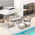 HOMREST 6 Pieces Patio Furniture Set, Outdoor Sectional Conversation Rattan Sofa Set with Ottoman and Outdoor Side Coffee Table for Garden, Porch, Backyard (Light Gray)