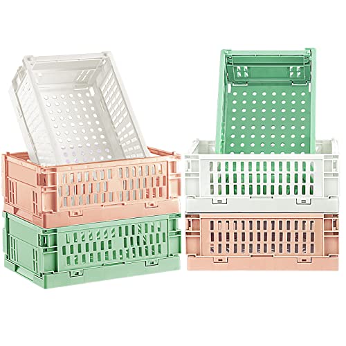 6 Pieces Mini Baskets Plastic Folding Storage Crate Pastel Crates Cute Crates Colorful Crate Small Storage Plastic Basket Aykasa Storage Crates (White, Green, Pink)