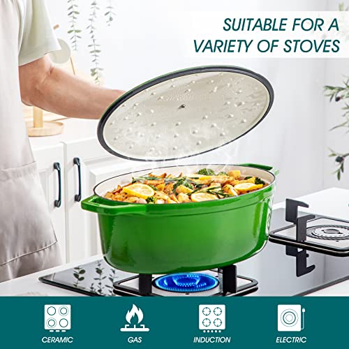 Image of vancasso 9.3 Qt Oval Enameled Cast Iron Dutch Oven with Lid, Green | Bread baking, roasting, braising, self-basting lid, oven to 500F on gas, induction, ceramic, non-toxic enamel, family size.