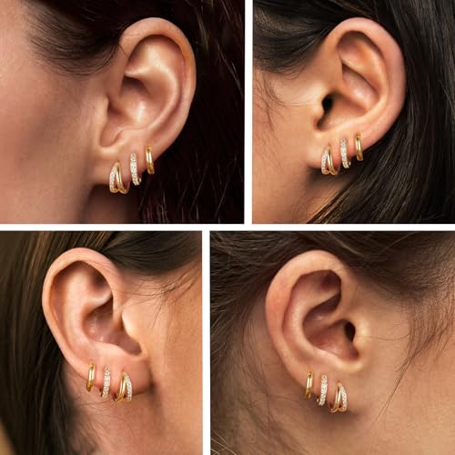 3 Pairs Small Gold Huggie Hoop Earrings Set for Women,14K Gold Plated Hypoallergenic Lightweight Huggie Hoop Earrings for Women4