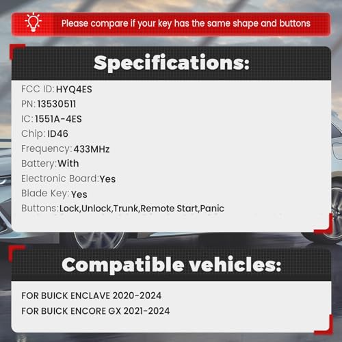 Image of Beefunny Keyless Entrty Smart Key Fob Replacement for Buick Enclave 2020-2024 Encore GX Key Remote Fob 433MHz ID46 Chip FCC ID:HYQ4ES P /N:13530511 (1)