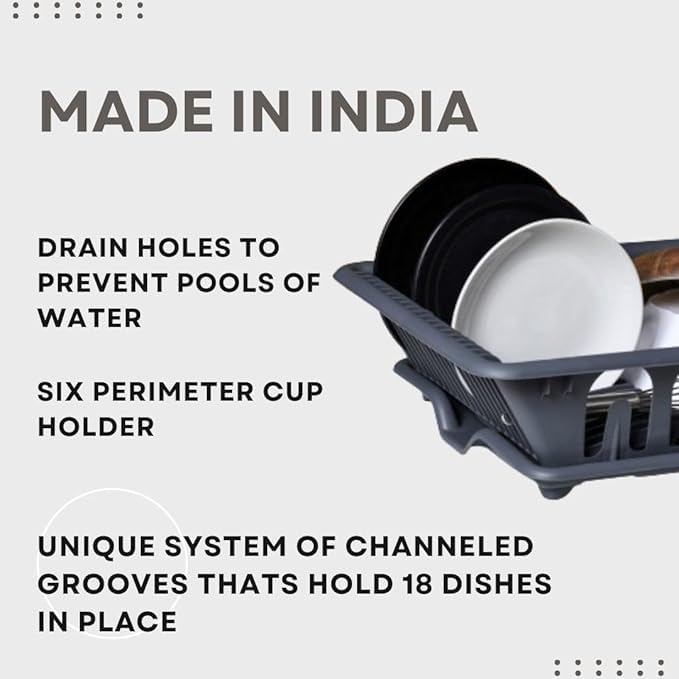Image of HomeWiz Large Plastic Dish Drying Rack | Rust-Free Utensil Rack with Built-in Drainage | 50 KG + Weight Capacity | Kitchen Rack with Cutlery Holder | BPA-Free Food Grade Plastic | 48x35x13 cm | Grey