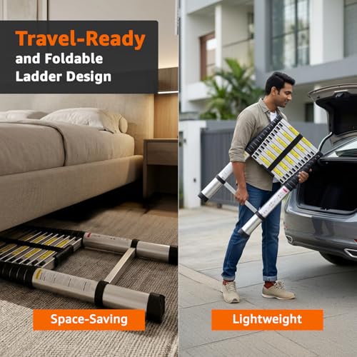 Image of Amazon Basics 5.1 m (16.73 ft) Foldable Telescopic Ladder | Aluminum 13-Step Portable Ladder | Space-Saving for Home Maintenance & Outdoor Tasks