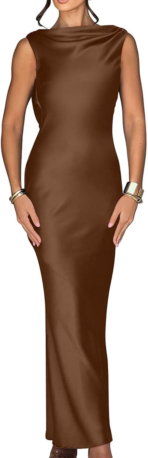 Memoriesea Women's Elegant Sleeveless High Neck Tie Cocktail Wedding Party Maxi Dress